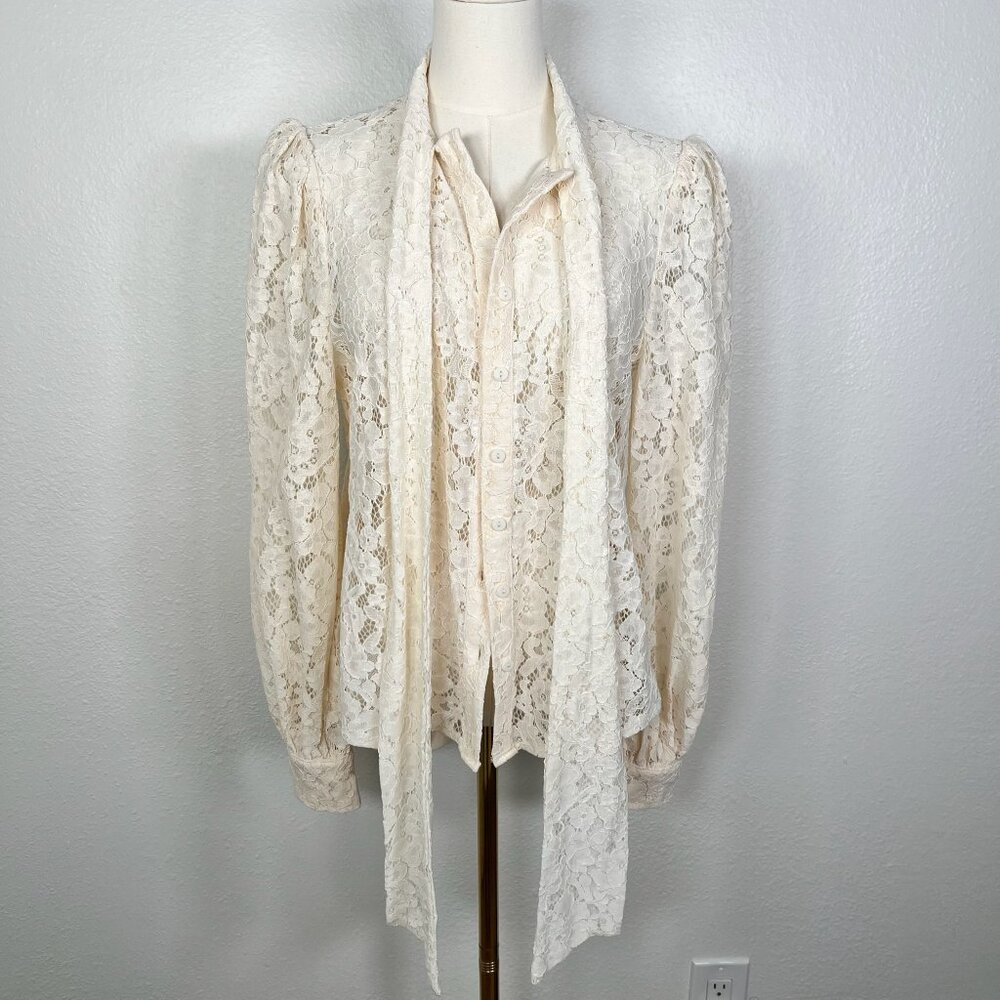 Freemarket Cream Lace Button Up Blouse with Tie - Size S
